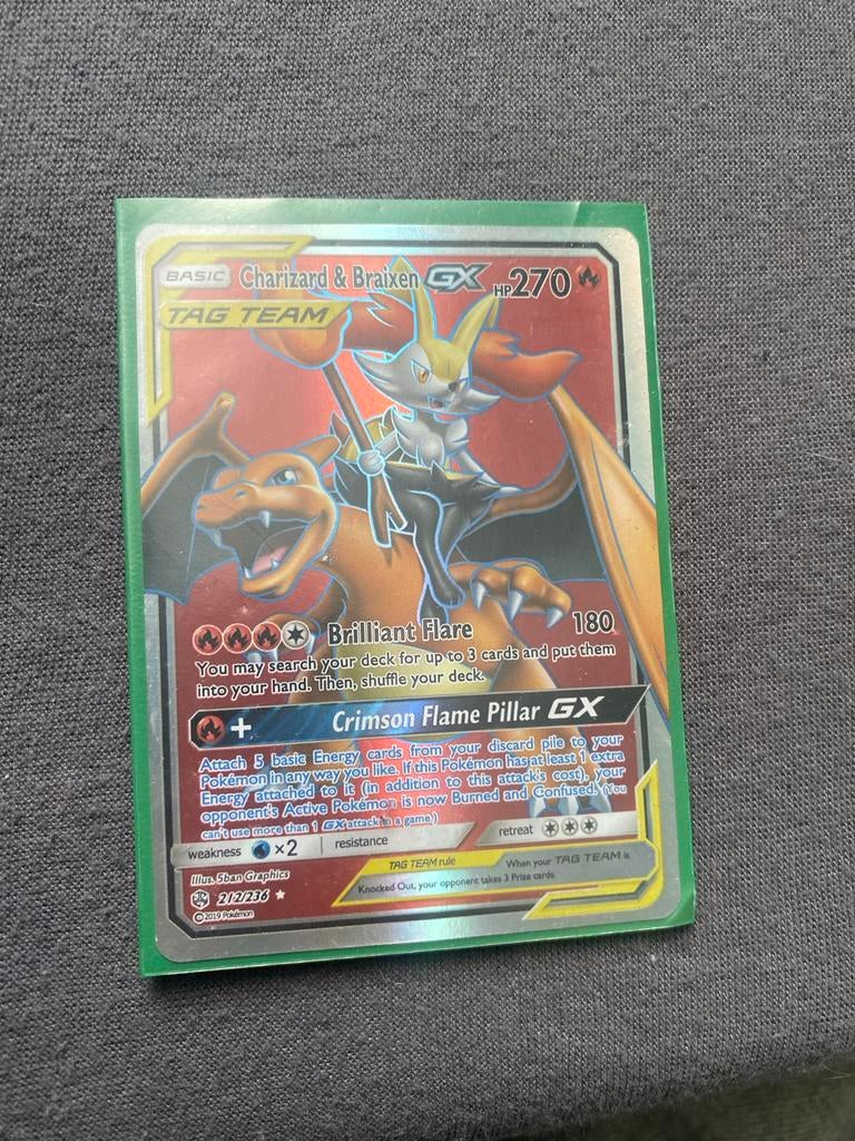 Charizard & Braixen GX TAG TEAM Pokémon Kaart 212/236, Ophalen of Verzenden, Zo goed als nieuw, Losse kaart, Foil