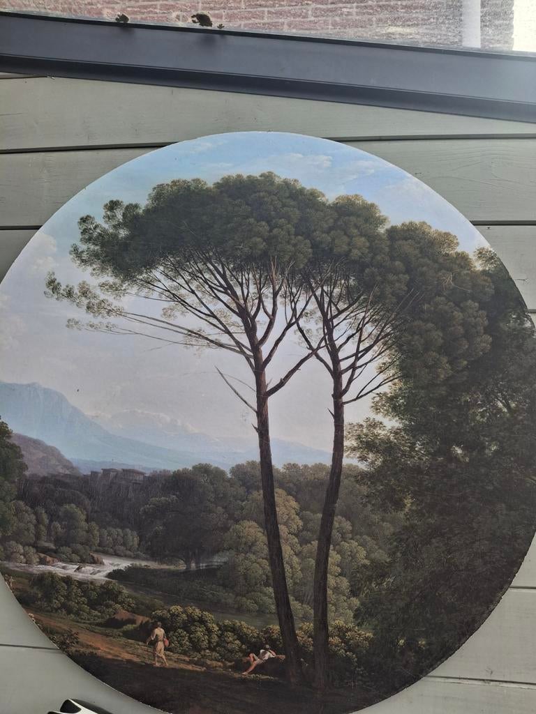 Groot rond schilderij met landschap en pijnbomen, Ophalen of Verzenden