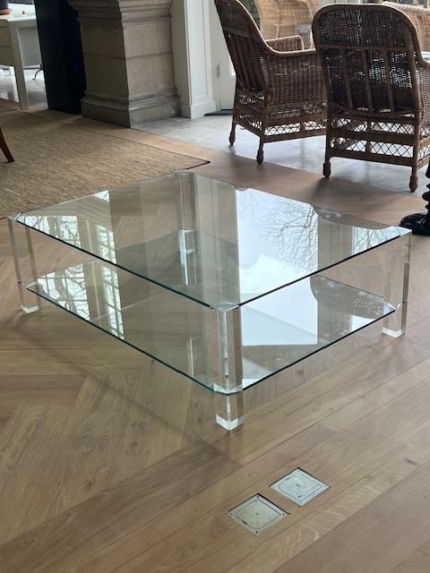 Glazen salontafel met plexiglas poten, Huis en Inrichting, Tafels | Salontafels, Ophalen, 100 tot 150 cm, 50 tot 100 cm, Modern