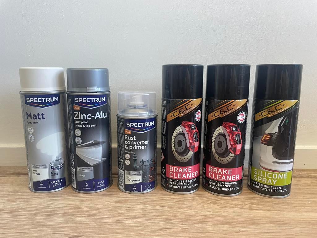 Zinc-Alu spray, brake cleaner, silicon spray, rust converter, Auto diversen, Onderhoudsmiddelen, Ophalen