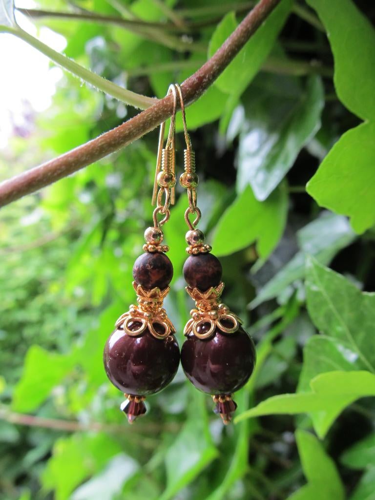 Oorbellen Gold & Choco swarovski parel-agaat-swarovski goud, Ophalen, Hangers, Bruin, Met edelsteen