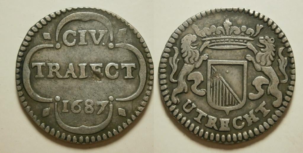Utrecht Stad Duit zilver 1687 over 1686 .. PIEDFORT .. R4, Postzegels en Munten, Munten | Nederland, Vóór koninkrijk, Zilver, Ophalen of Verzenden