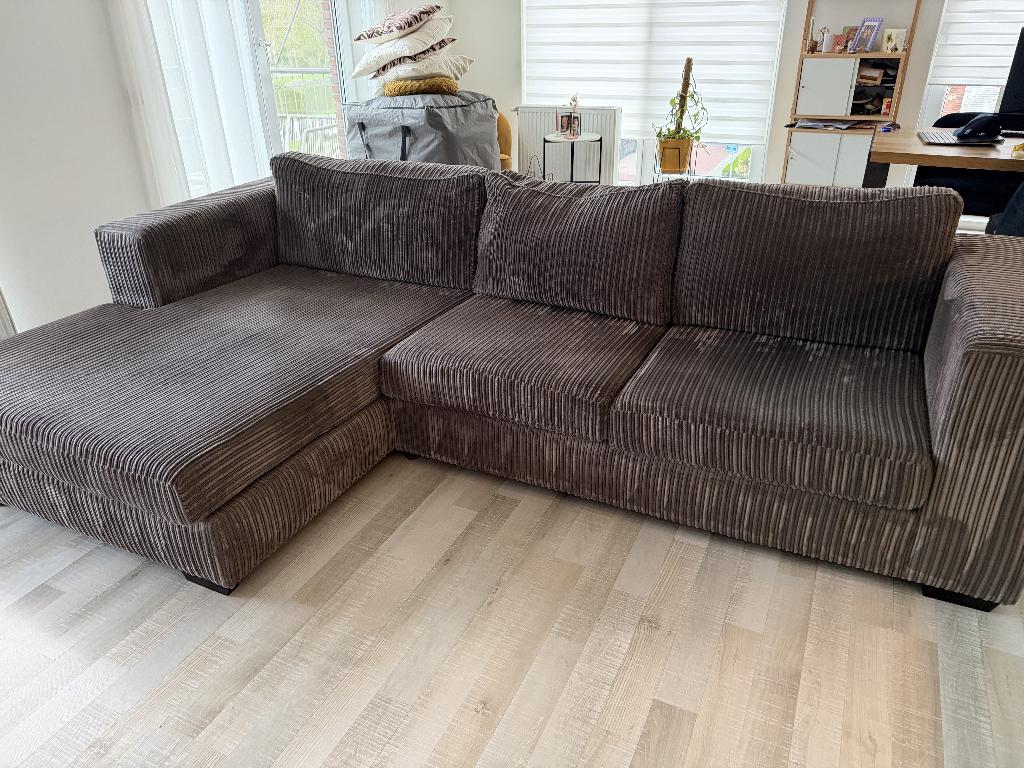 Hoekbank / loungebank grijs ribstof (310 cm), Ophalen, Gebruikt, Hoekbank, 300 cm of meer
