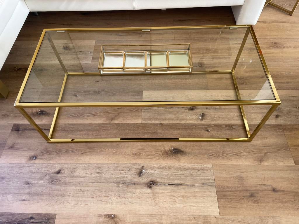 Gouden salontafel met glazen tafelblad en onderzetters, Huis en Inrichting, Tafels | Salontafels, Ophalen, 50 tot 100 cm, 50 tot 100 cm