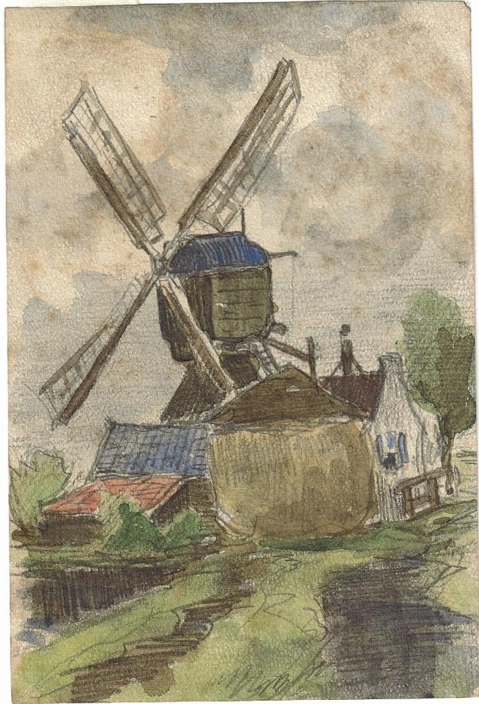 Jan van Essen aquarel gouache "Molen", Antiek en Kunst, Kunst | Tekeningen en Foto's, Ophalen