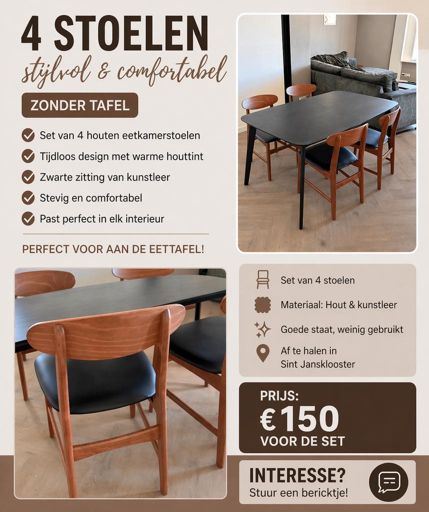 Tempe eetgroep, stalen tafel met 4 stalen stoelen - Walnoot/zwart