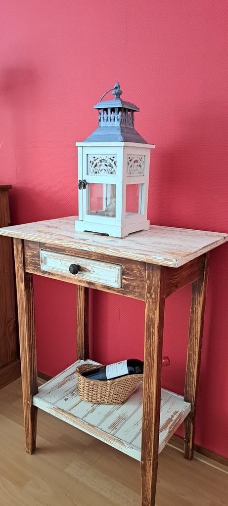 Houten bijzettafel met lade en plankje, Ophalen, Minder dan 55 cm, Gebruikt, 60 cm of meer
