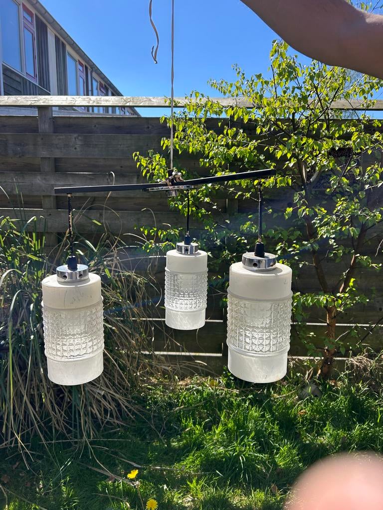 Vintage hanglamp met 3 glazen kelken, Ophalen of Verzenden, Gebruikt, Glas