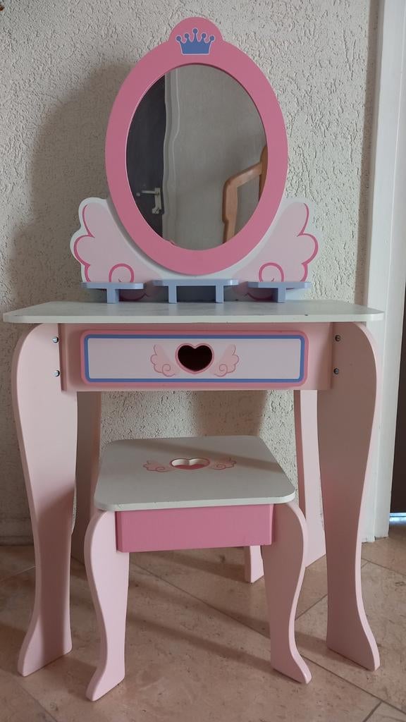 Roze kaptafel met spiegel en krukje - Zo goed als nieuw, Huis en Inrichting, Tafels | Kaptafels, Ophalen, Zo goed als nieuw, Hout