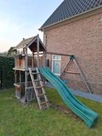 Houten speelhuisje met glijbaan, klimlaadder en 2 schommels, Ophalen, Gebruikt, Hout