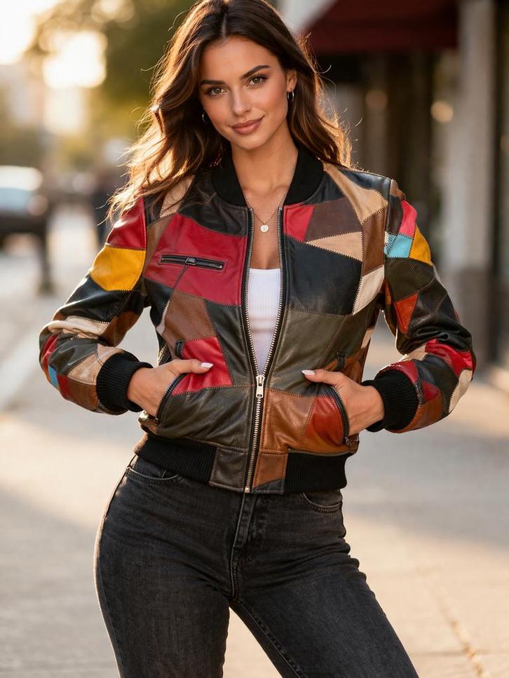 Patchwork leren jack remake , nieuw, Kleding | Dames, Jassen | Zomer, Gedragen, Maat 38/40 (M), Overige kleuren, Ophalen of Verzenden