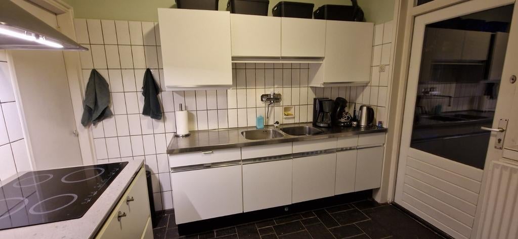 Keukenblok met dubbele spoelbakken en bovenkastjes, Huis en Inrichting, Keuken | Complete keukens, Ophalen, Gebruikt, Wit, Enkelwandige keuken