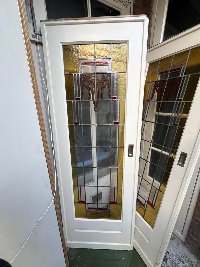 2 Glas in lood schuifdeuren, Gebruikt, 80 tot 100 cm, Binnendeur, Ophalen of Verzenden