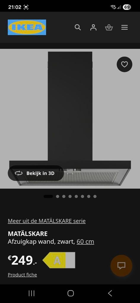 Ikea afzuigkap zwart 60 cm, Witgoed en Apparatuur, Ophalen, Gebruikt, Wandschouwkap, Vrijstaand