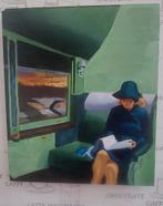Vrouw in trein naar e.hopper acryl op hout lia van langen, Ophalen of Verzenden