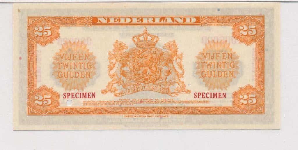 NL muntbiljet 25 gulden Wilhelmina 1943 SPECIMEN’ PMG 66 EPQ, Postzegels en Munten, Bankbiljetten | Nederland, Ophalen of Verzenden