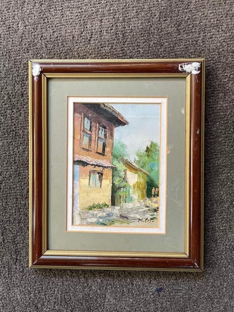 Authentiek Turks Schilderij - Huis met Groen, Ophalen of Verzenden