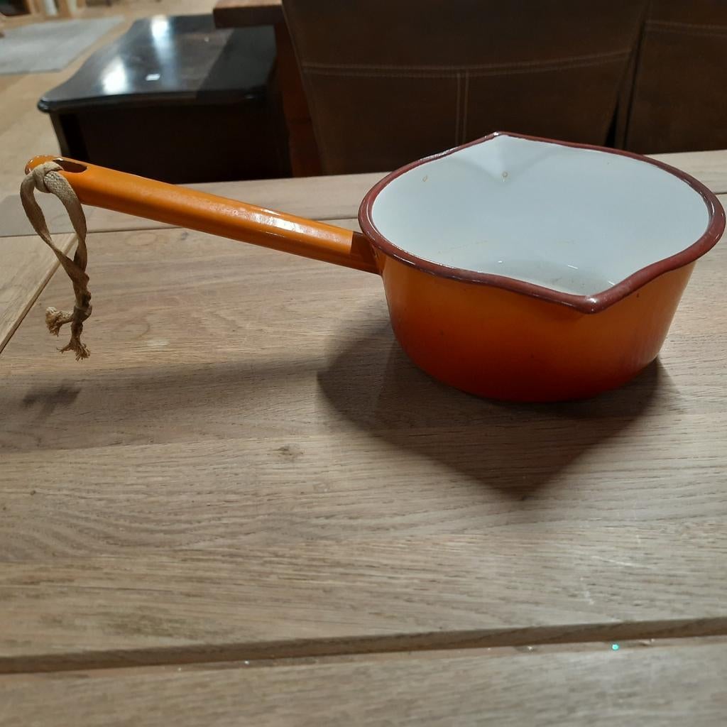 Rood oranje emaille steelpan en vergiet, Ophalen of Verzenden