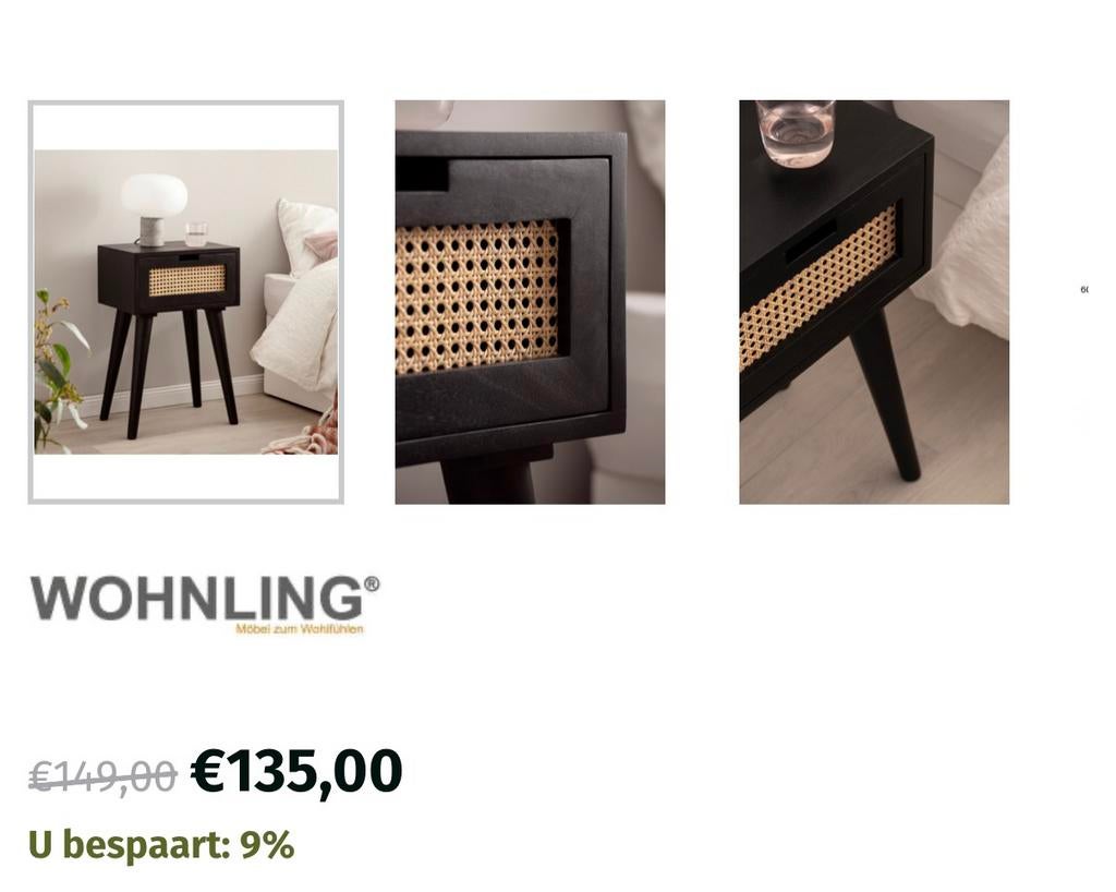 2 Zwart nachtkastjes met rotan lade, Ophalen, 55 tot 70 cm, Zo goed als nieuw, 45 tot 65 cm