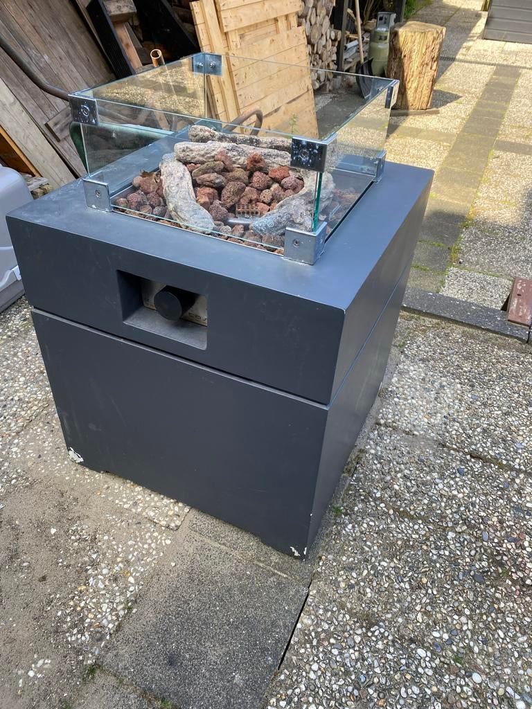 Moderne vuurtafel met glasombouw en lavastenen, Ophalen of Verzenden, Gebruikt