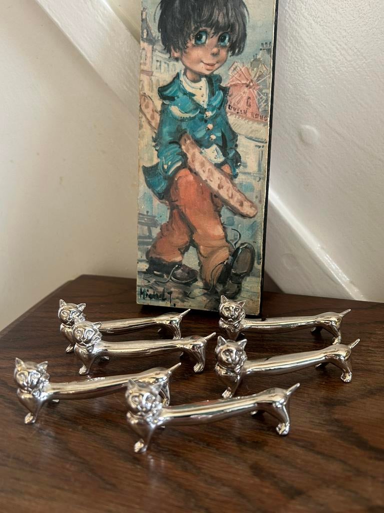 6 vintage verzilverde messenleggers poes poezen, Ophalen of Verzenden