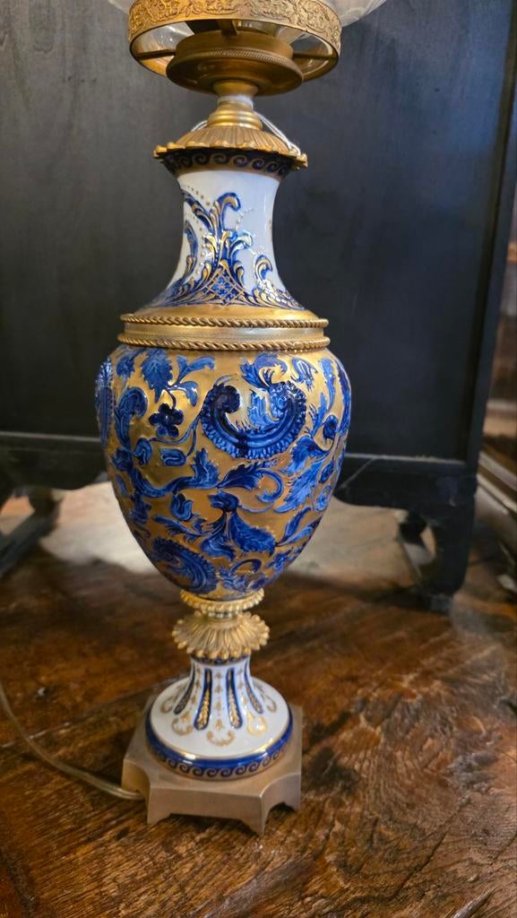 Antieke Franse Porseleinen Olielamp - Handbeschilderd, Ophalen of Verzenden