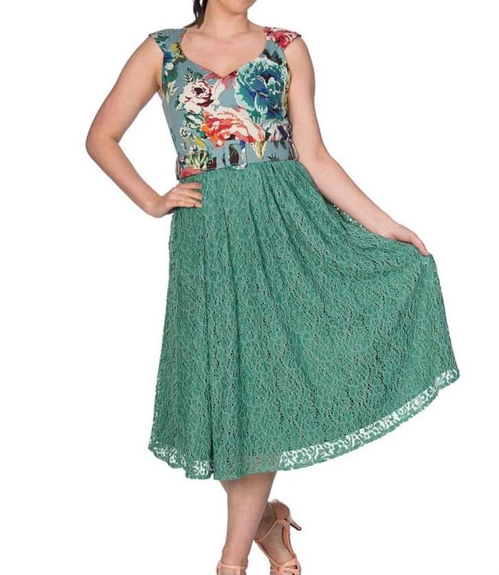 Vintage Rockabilly Jurk Banned Apparel - Bloemenprint Kant, Kleding | Dames, Jurken, Nieuw, Groen, Knielengte, Ophalen of Verzenden