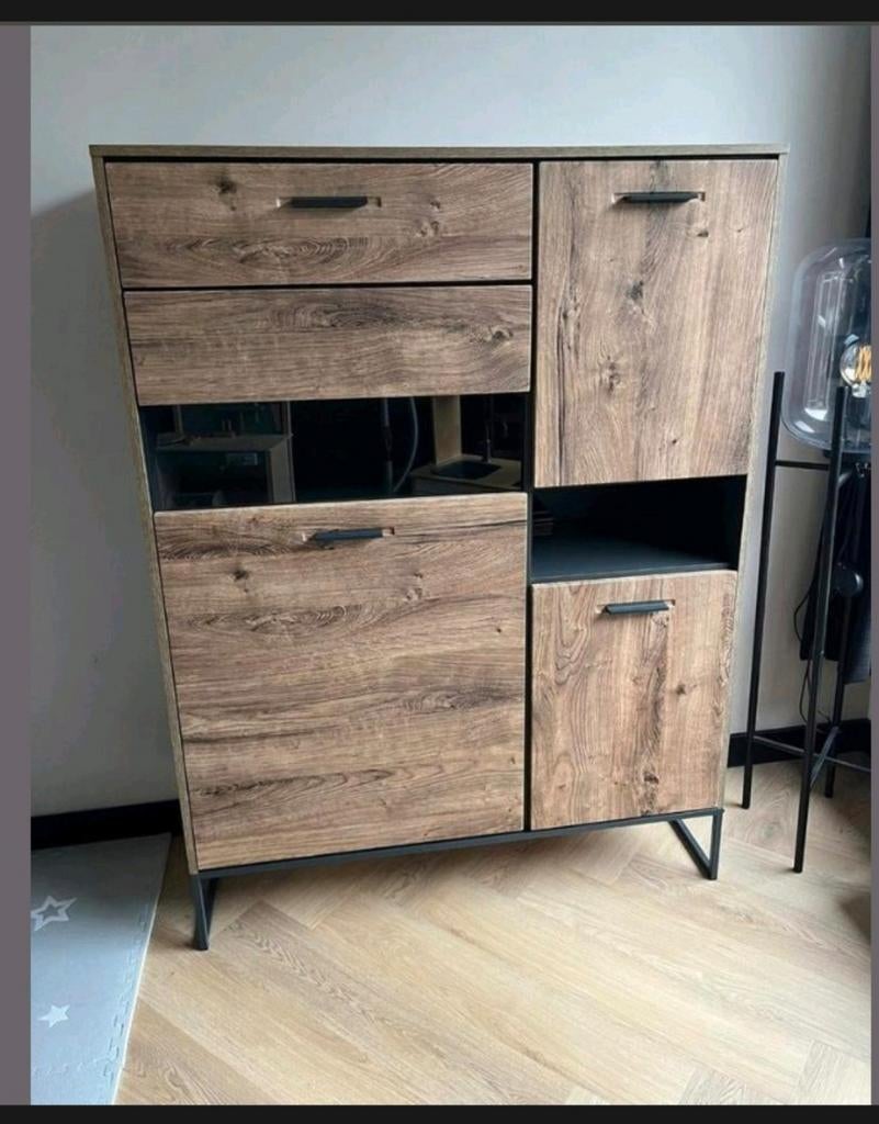 Industriële hoge kast /eikenlook- moderne opbergkast, Ophalen, Met deur(en), 100 tot 150 cm, Zo goed als nieuw