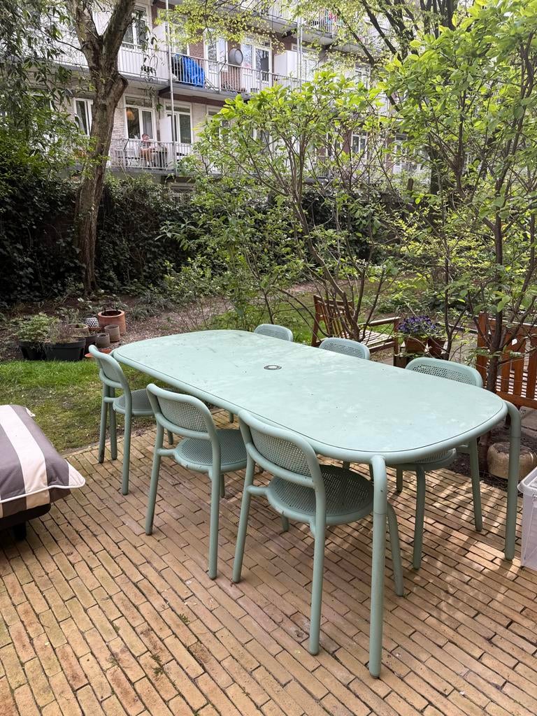 Fatboy Toni tuinset: tafel en 6 stoelen (weervlekken), Tuin en Terras, Ophalen, Gebruikt, Rechthoekig, Aluminium
