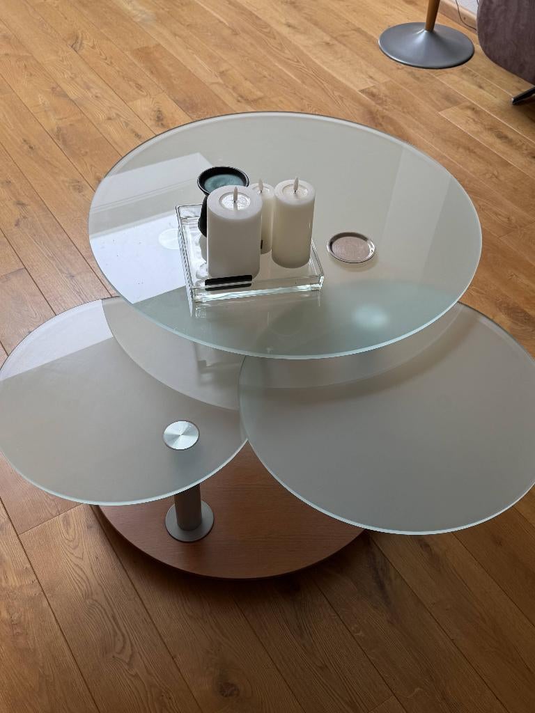 Salontafel met 3 ronde glazen bladen, Huis en Inrichting, Tafels | Salontafels, Gebruikt, Rond, Ophalen of Verzenden, Glas