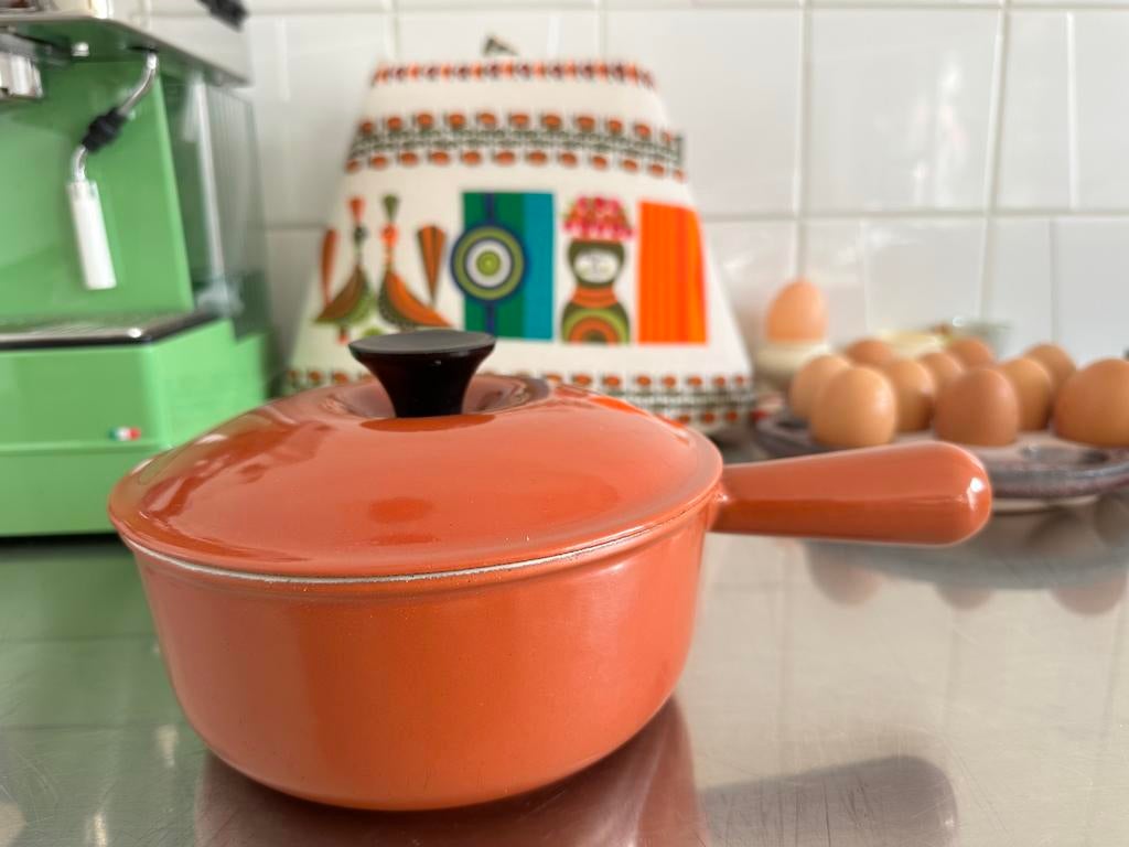 Le Creuset Pan Sauspan Fonduepan Bruin Vintage 18 cm., Gietijzer, Ophalen of Verzenden, Zo goed als nieuw, X