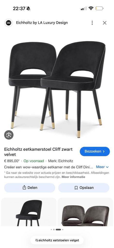 Eichholtz eetkamerstoelen Cliff zwart velvet 4 stuks!!, Huis en Inrichting, Stoelen, Twee, Zwart, Ophalen of Verzenden, Zo goed als nieuw