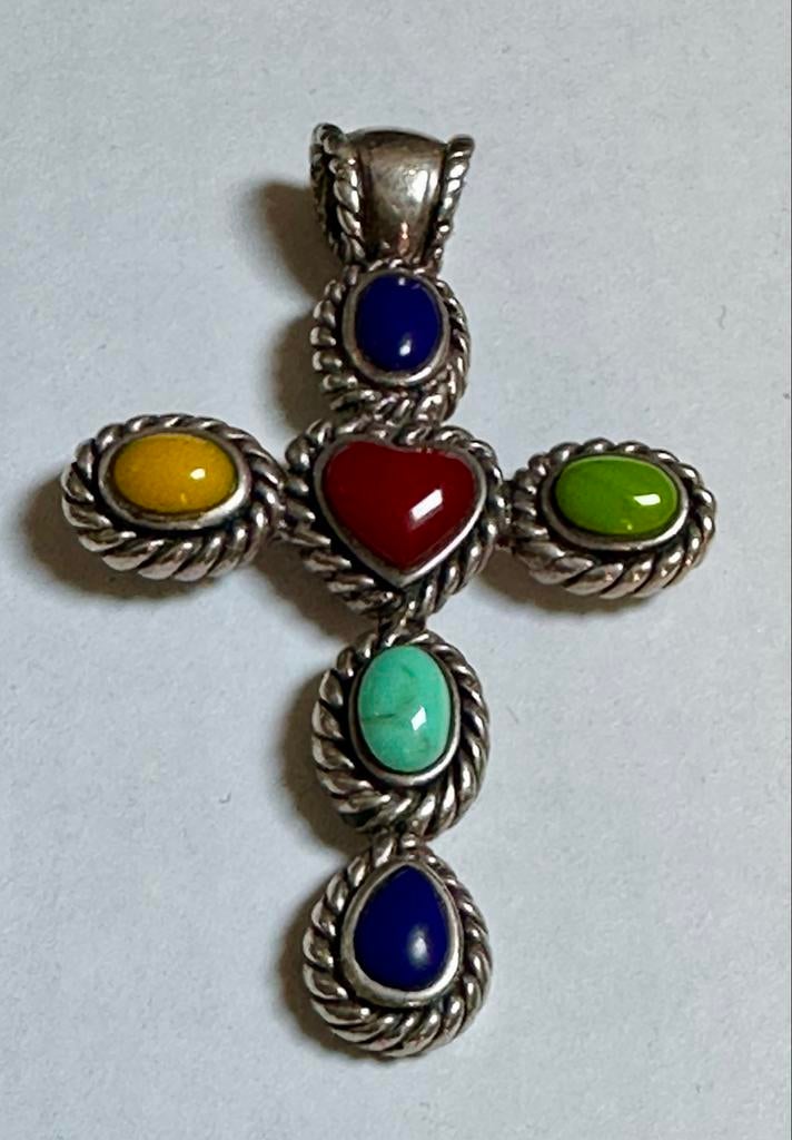 Zilveren Kruis Hanger met Kleurrijke Stenen, Ophalen, Overige kleuren, Zo goed als nieuw, Zilver