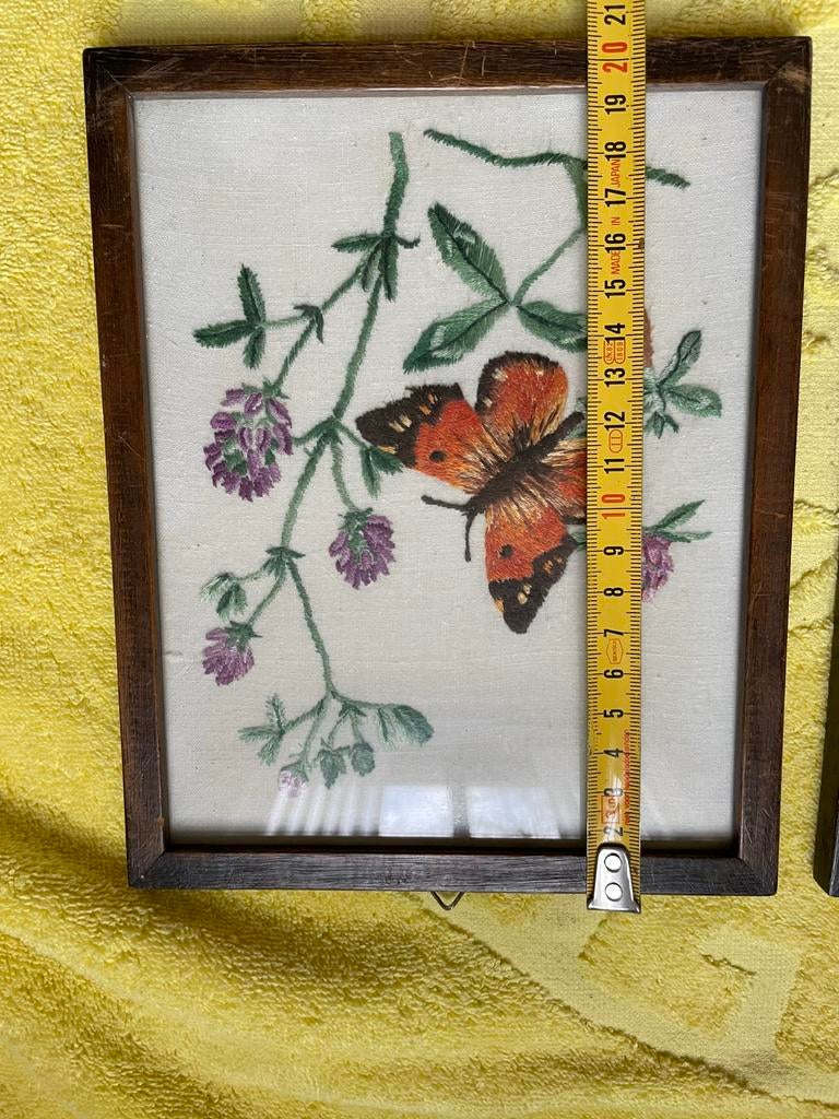 Set van 3 Vintage Geborduurde Vlinder Schilderijen, Antiek en Kunst, Ophalen of Verzenden