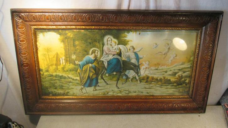 Mooie Antieke Prent - De Heilige Familie - 91x51, Antiek en Kunst, Antiek | Religie, Ophalen of Verzenden