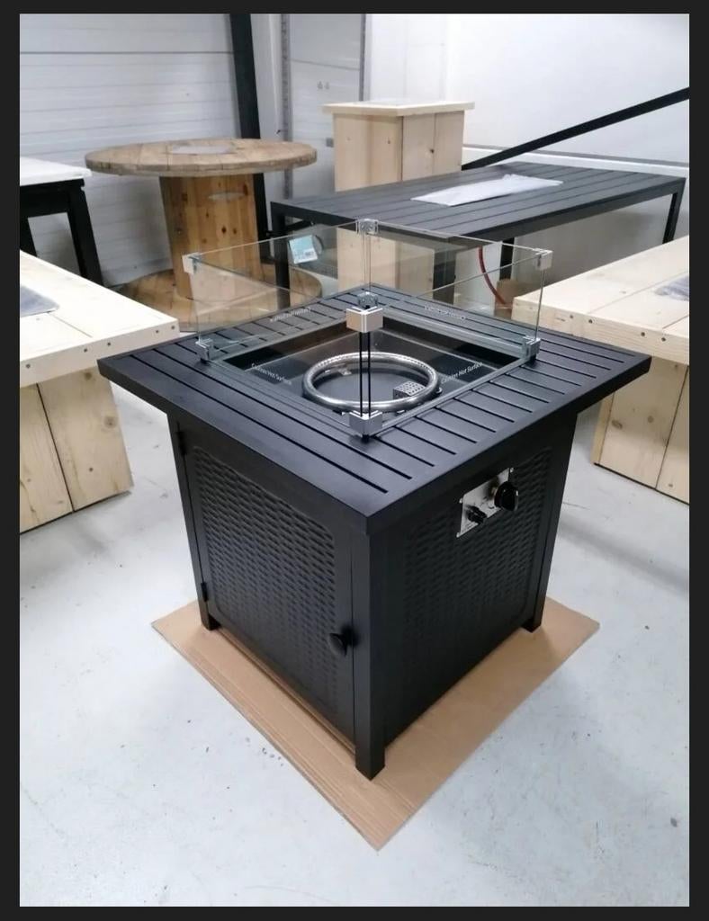 Vuurtafel met RVS brander, glazen ombouw en beschermingshoes, Ophalen, Draaibaar, Nieuw, Vloer