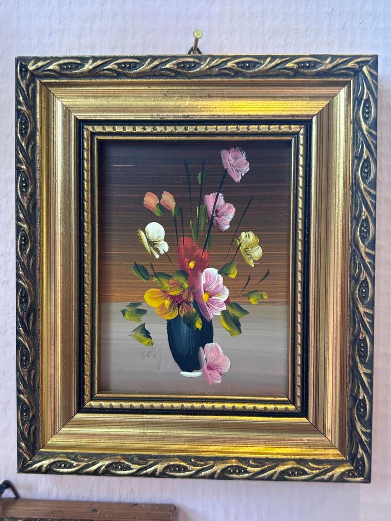 Mini schilderij bloemen in vaas met gouden lijst, Antiek en Kunst, Kunst | Schilderijen | Klassiek, Ophalen of Verzenden
