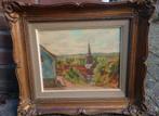 ~1950 Dorp met kerktoren, Limburg? Ardennen? olieverf/panel, Ophalen of Verzenden