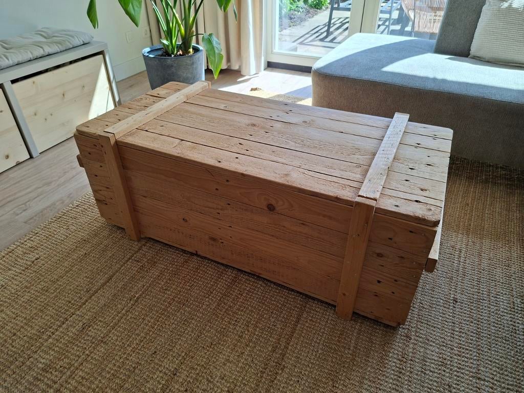 Handgemaakte houten kist / salontafel / speelgoedkist, Ophalen, Gebruikt, 100 tot 150 cm, Minder dan 50 cm