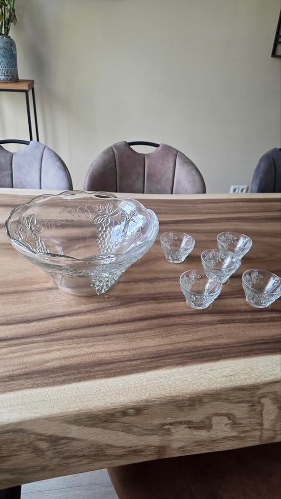 Vintage punch bowl set met 5 glazen – kristal look, Ophalen of Verzenden, Zo goed als nieuw, Rond, Glas