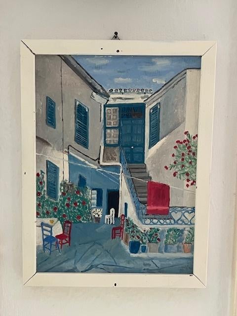 Schilderij Dorpstafereel Griekenland, Ophalen of Verzenden