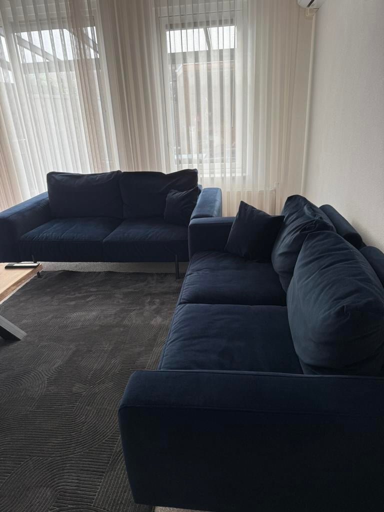 Donkerblauwe suede bankstel 2x, Ophalen, Gebruikt, Stof