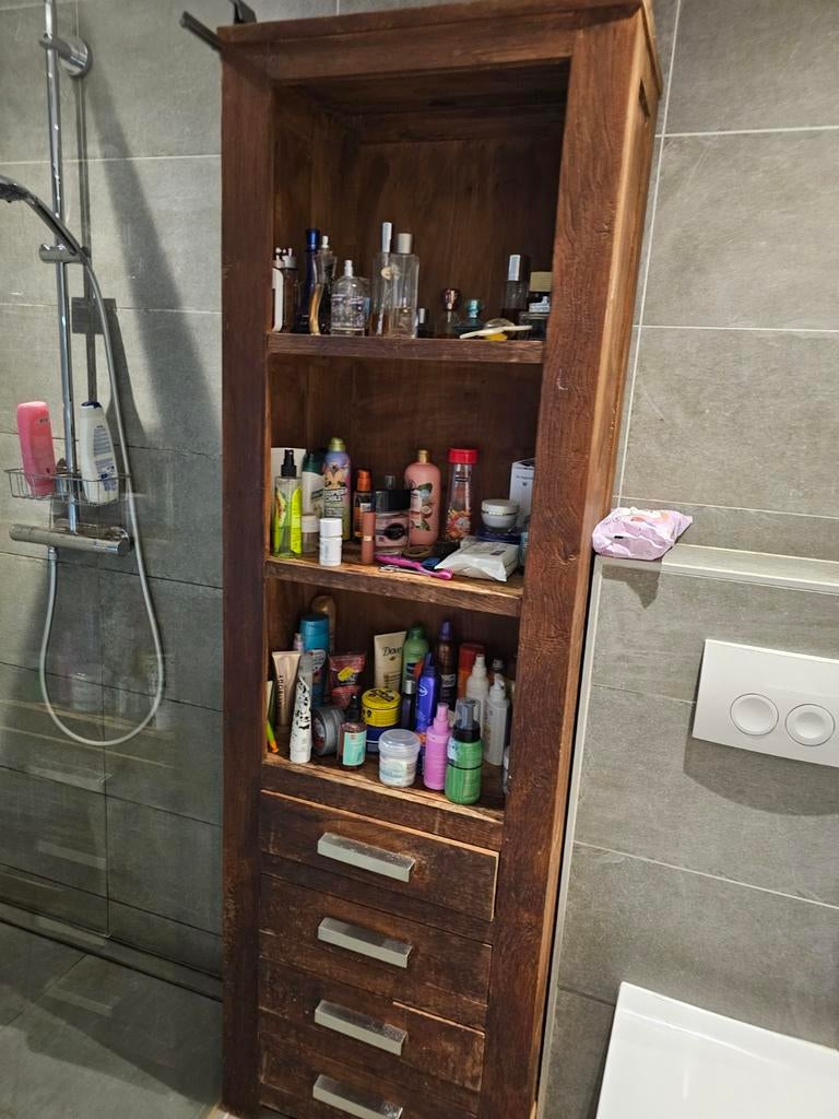 Teakhouten badkamerkast met lades en open schappen, Huis en Inrichting, Badkamer | Badkamermeubels, Ophalen of Verzenden