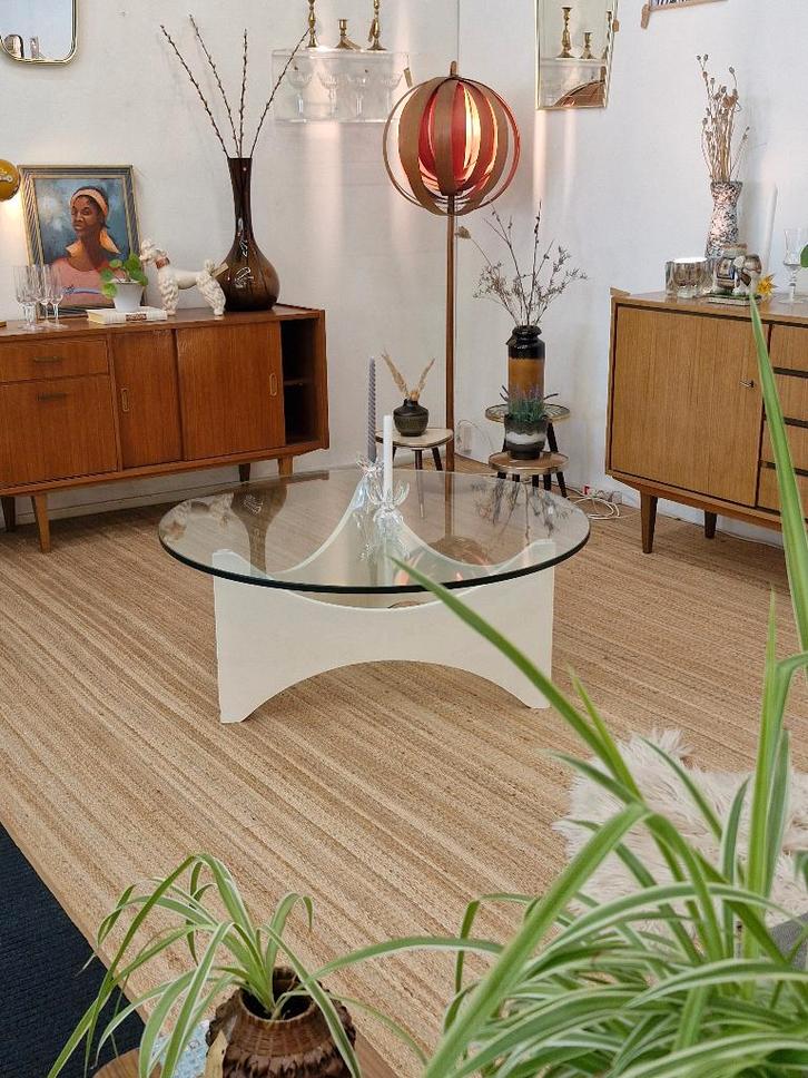 Vintage salontafel space age 70s wit / glas rond, Huis en Inrichting, Tafels | Salontafels, Gebruikt, Minder dan 50 cm, 50 tot 100 cm