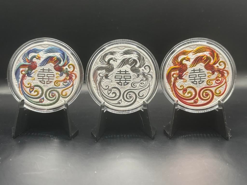 Set double phoenix 3x 1oz zilver color - lunar kookaburra, Postzegels en Munten, Edelmetalen en Baren, Ophalen of Verzenden, Zilver