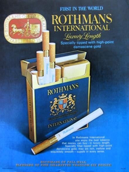 18 vintage advertenties Rothmans sigaretten 1961-84 sigaret, Ophalen of Verzenden, Gebruikt, Sigarenbandjes