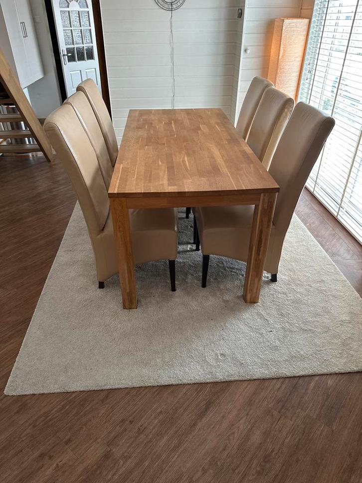 Eiken Eettafel met 6 leren stoelen, Huis en Inrichting, Complete eetkamers, Gebruikt, 6 tot 8 stoelen, Ophalen