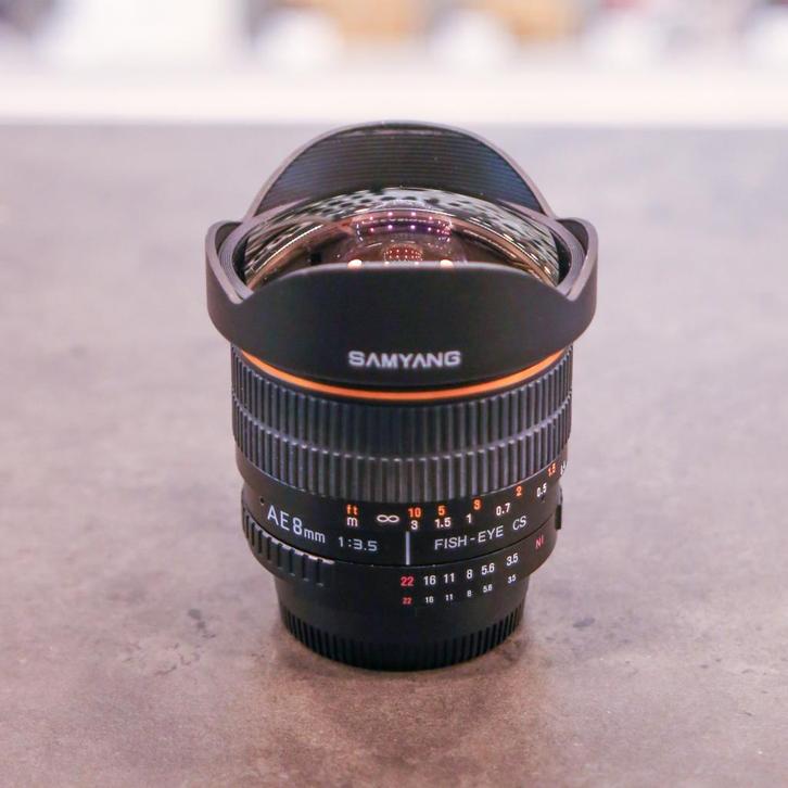 Samyang AE 8mm f/3.5 Fish Eye Nikon-F (Hilversum), Audio, Tv en Foto, Fotografie | Lenzen en Objectieven, Gebruikt, Groothoek Fisheye-lens