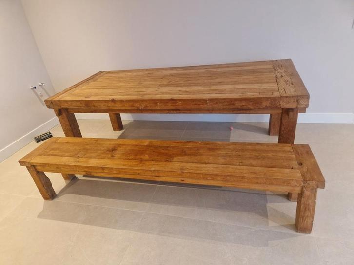 Robuuste tafel en bank van oude treinbielzen, Huis en Inrichting, Tafels | Eettafels, Gebruikt, 50 tot 100 cm, 200 cm of meer