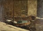 112. Schilderij P. Dankers, besneeuwd stadsgezicht met schip, Antiek en Kunst, Kunst | Schilderijen | Klassiek, Ophalen of Verzenden